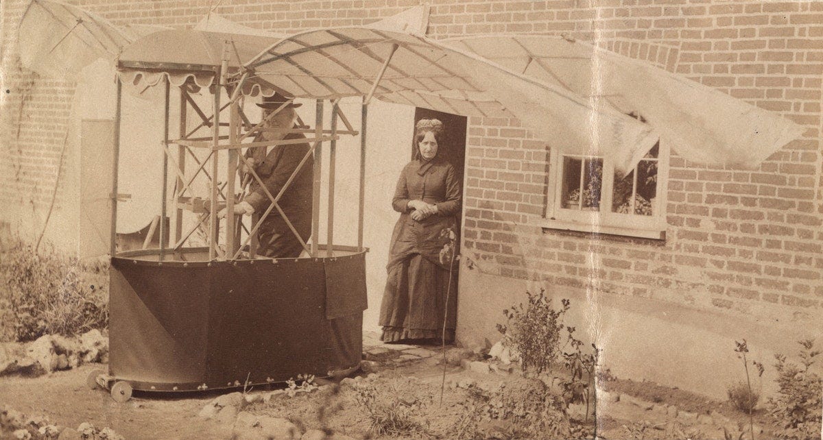 Pettigrew and a version of his ornithopter; the woman may be Elsie Bell Pettigrew (née Gray), philanthropist, founder of the Bell Pettigrew museum of natural sciences, and his wife — © The Royal Aeronautical Society (National Aerospace Library) / Mary Evans Picture Library. Pettigrew and a version of his ornithopter; the woman may be Elsie Bell Pettigrew (née Gray), philanthropist, founder of the Bell Pettigrew museum of natural sciences, and his wife — © The Royal Aeronautical Society (National Aerospace Library) / Mary Evans Picture Library.