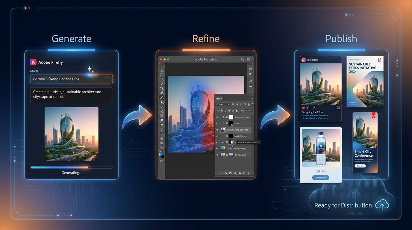 Three-stage Adobe workflow diagram showing Generate, Refine, and Publish phases. Left panel displays Adobe Firefly interface with Gemini 3 (Nano Banana Pro) selected, generating a futuristic sustainable architecture cityscape. Center panel shows Adobe Photoshop with visible layers panel for refinement. Right panel displays multiple final outputs including Instagram post, presentation slide, product mockup, and conference materials, all featuring the same architectural image. Connected by glowing arrows on a blue-orange gradient tech background.