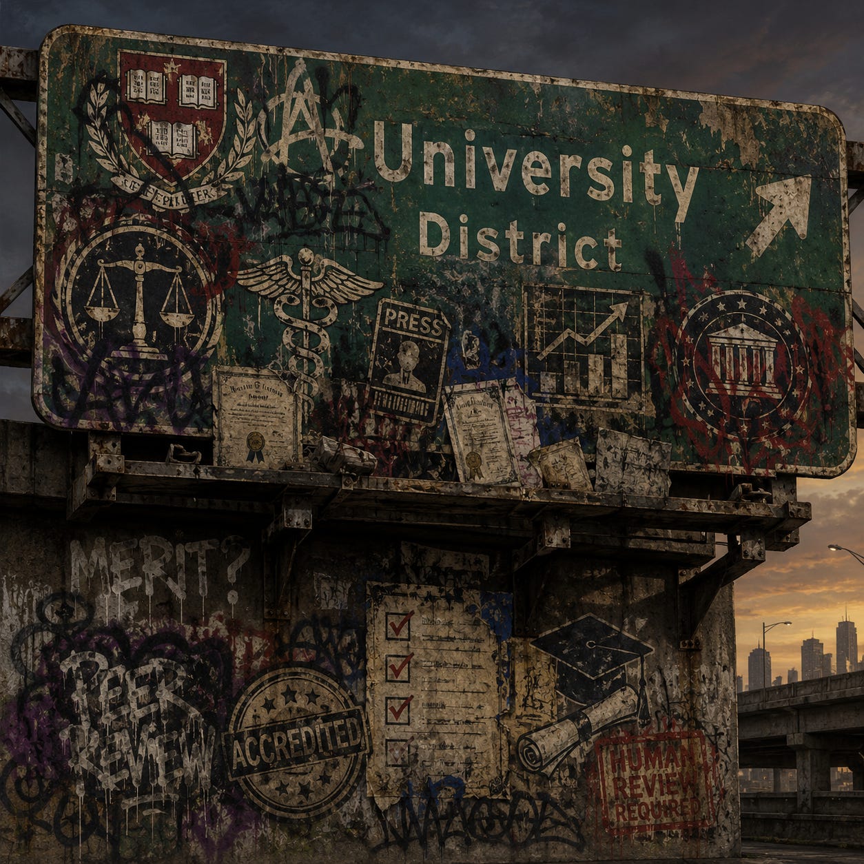 Weathered green highway sign for an elite university district on a decaying overpass at dusk, covered in faded graffiti, torn diploma posters, academic crests, law scales, medical symbols, press badges, compliance marks, and accreditation seals. The layered tags look like remnants of a turf war among credentialed professional guilds, leaving the road to institutional prestige abandoned and defaced. Weathered green highway sign for an elite university district on a decaying overpass at dusk, covered in faded graffiti, torn diploma posters, academic crests, law scales, medical symbols, press badges, compliance marks, and accreditation seals. The layered tags look like remnants of a turf war among credentialed professional guilds, leaving the road to institutional prestige abandoned and defaced.