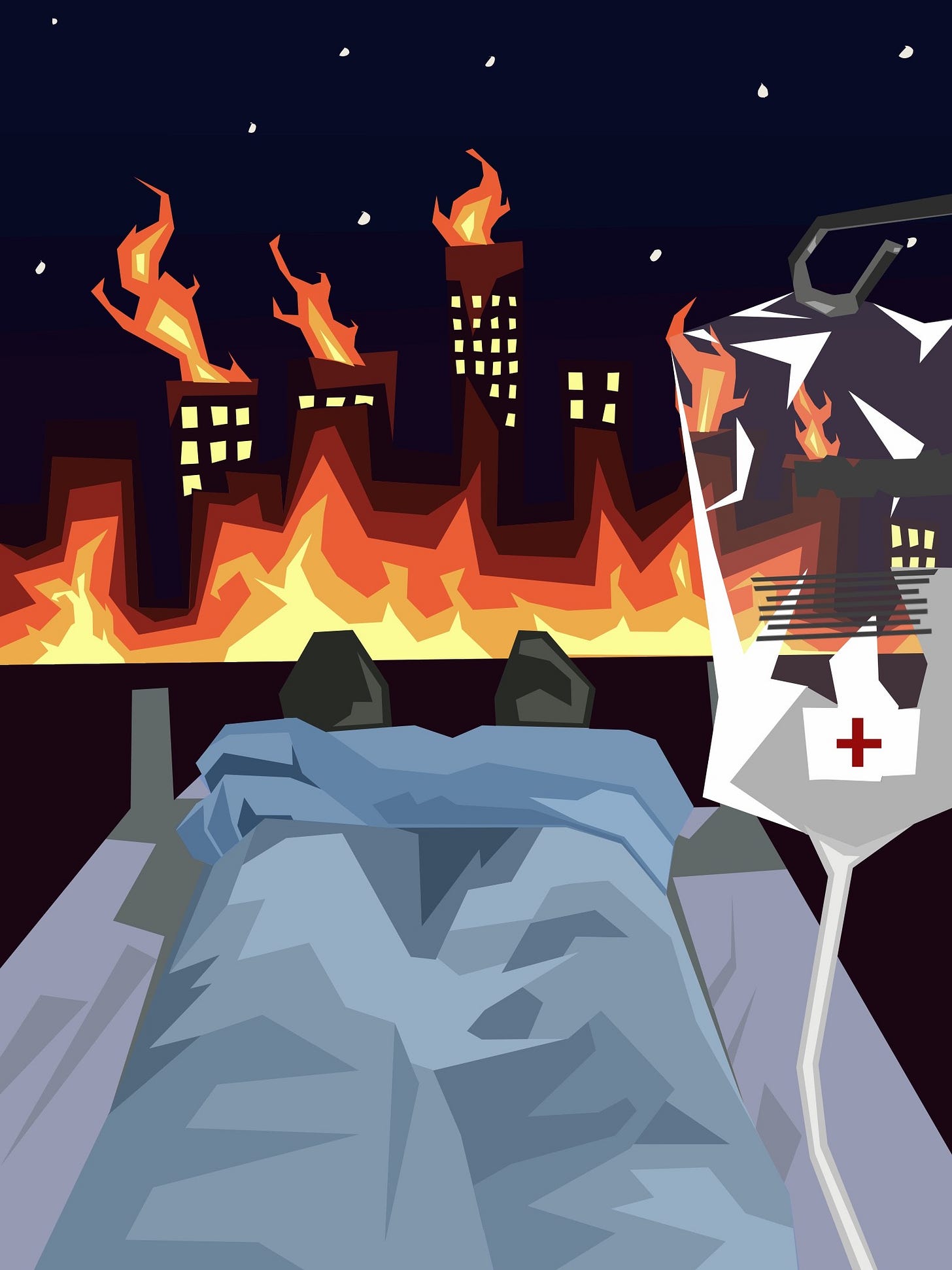 buildings on fire seen from the perspective of a person in a hospital bed looking over their feet