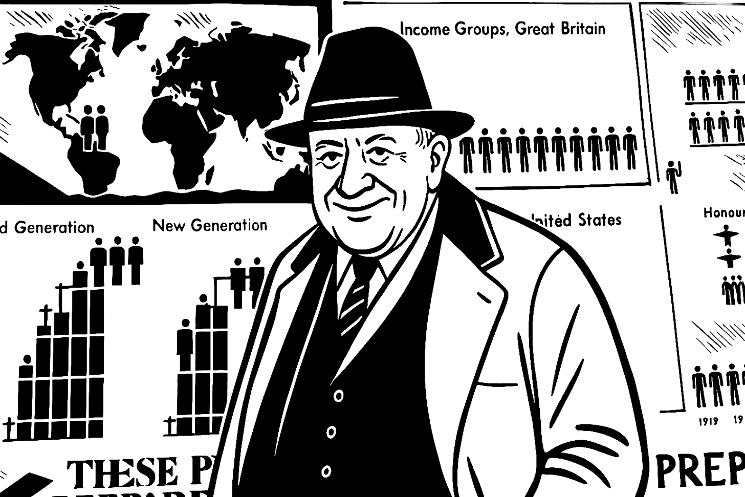 Otto Neurath v pozdějším věku před inforpanelem, který využívá Isotype Otto Neurath v pozdějším věku před inforpanelem, který využívá Isotype