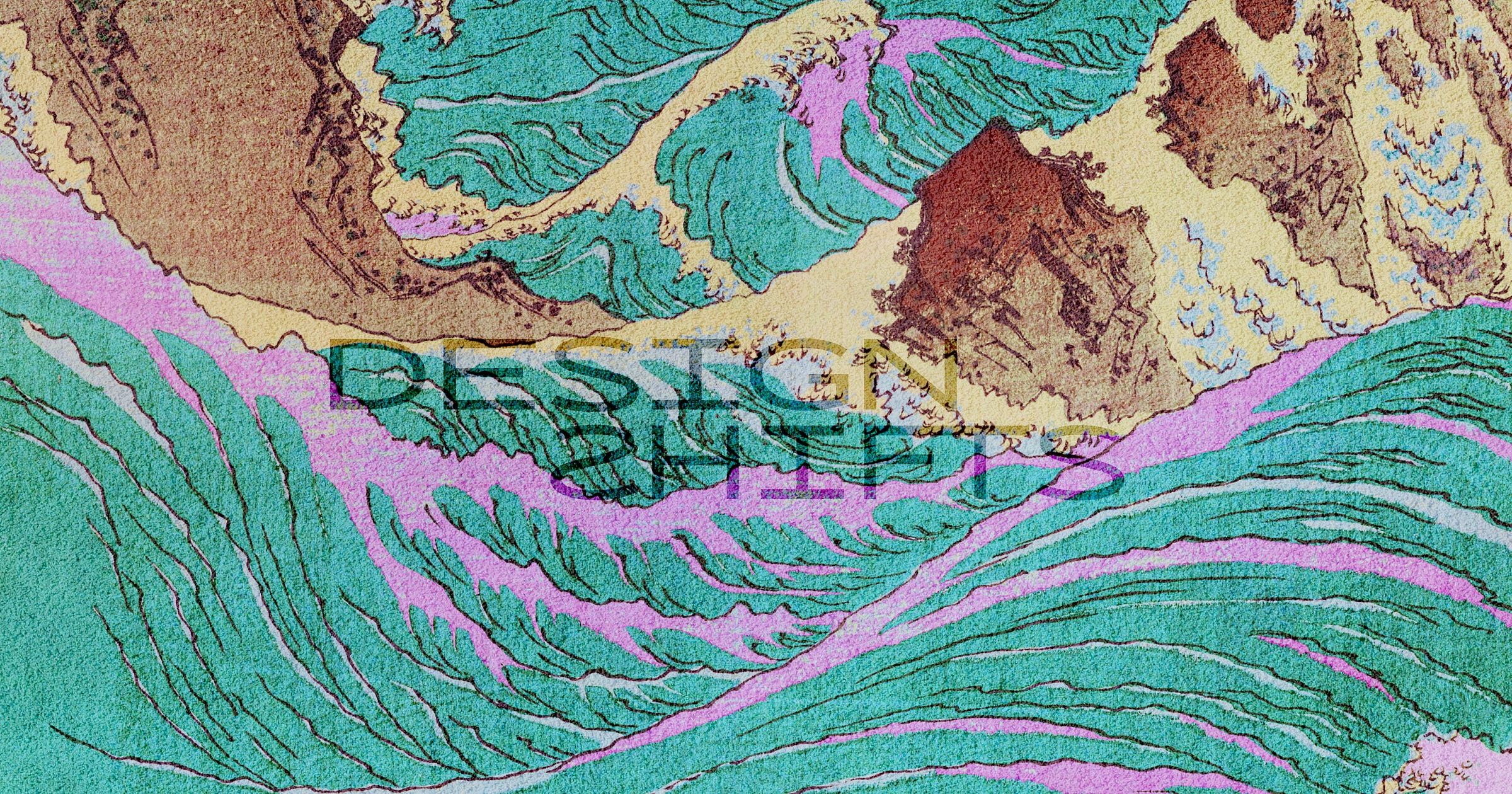 a drawing of waves in green and pink with the logo for designshifts in the middel a drawing of waves in green and pink with the logo for designshifts in the middel