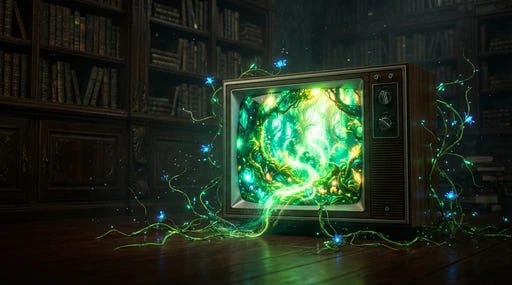 A retro TV showing a nature scene inside a dim library, symbolizing different channels of consciousness A retro TV showing a nature scene inside a dim library, symbolizing different channels of consciousness