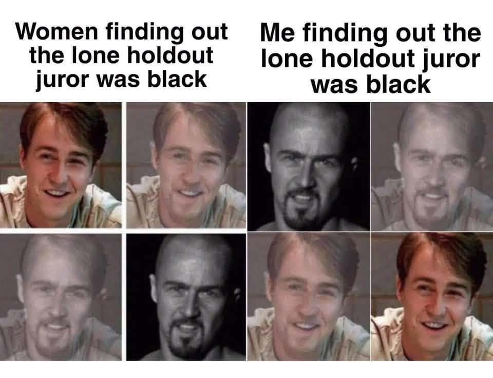 May be an image of text that says 'Women finding out the lone holdout juror was black Me finding out the lone holdout juror was black'