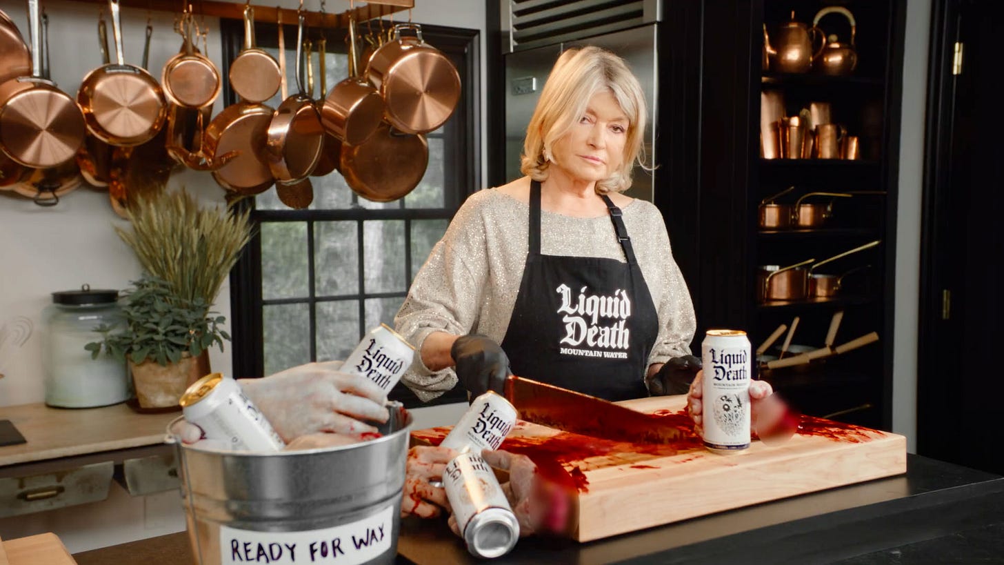 A still from Liquid Death's new Martha Stewart ad