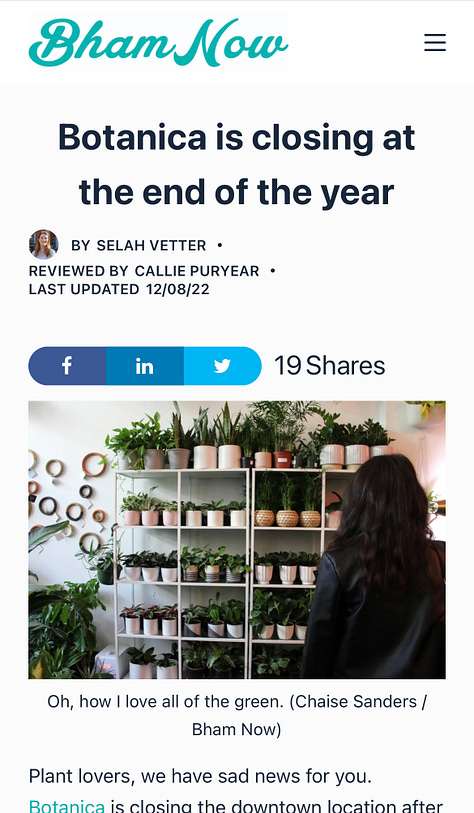 Screen shots of online news articles and Instagram posts about small businesses closing