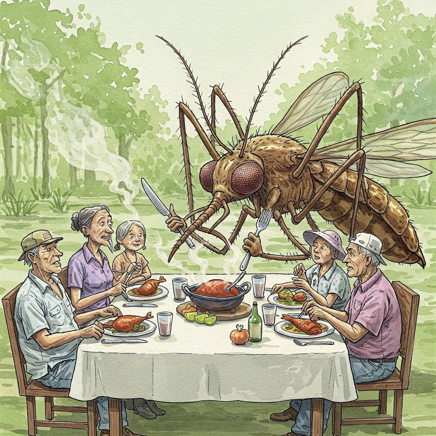 Image of giant mosquitoe as an uninvited guest a dinner.