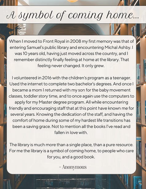 Gallery of photos that include patron, community member, and visitor testimonials on what Samuels Library means to them