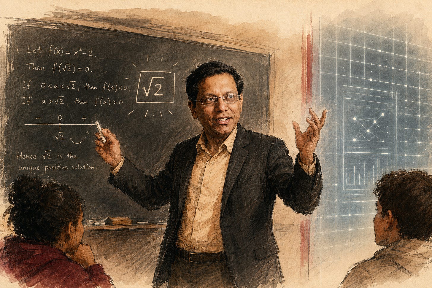 university professor at a chalkboard, caught in an unguarded moment of delight, arms half-raised, mid-lesson, having just finished a proof. Keep the human side hand-drawn and alive: loose, slightly imperfect linework, visible chalk dust, real motion. On the opposite side, hint at an AI presence with a cold, flawlessly even grid or a faint screen glow, smooth and symmetrical and lifeless by contrast. Optional: a couple of students in the foreground, leaning in. Palette to match the publication: warm parchment and cream, deep oxblood red as the single accent, charcoal for line and shadow. Mood: joy, warmth, aliveness, human connection.