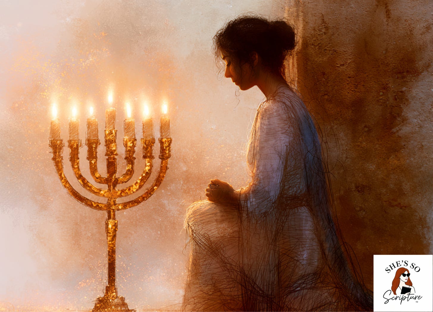 Illustration of a woman beside a lit golden menorah in the desert wilderness, warm lamplight illuminating her face against a deep plum and gold atmospheric background.