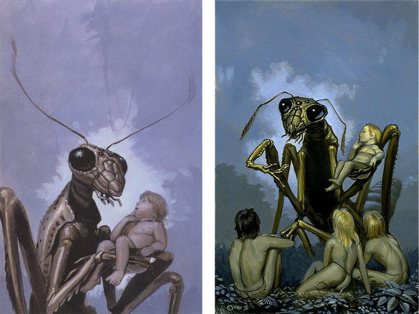 LEFT: Alternate preliminary concept for NOR CRYSTAL TEARS featuring a mantis-like alien holds up a human infant as the baby glances at its face curiously.  RIGHT: Alternate preliminary concept for NOR CRYSTAL TEARS featuring human children sitting casually in front of a mantis-like alien. It cradles a human infant in one appendage and gestures with another as if telling the children a story.