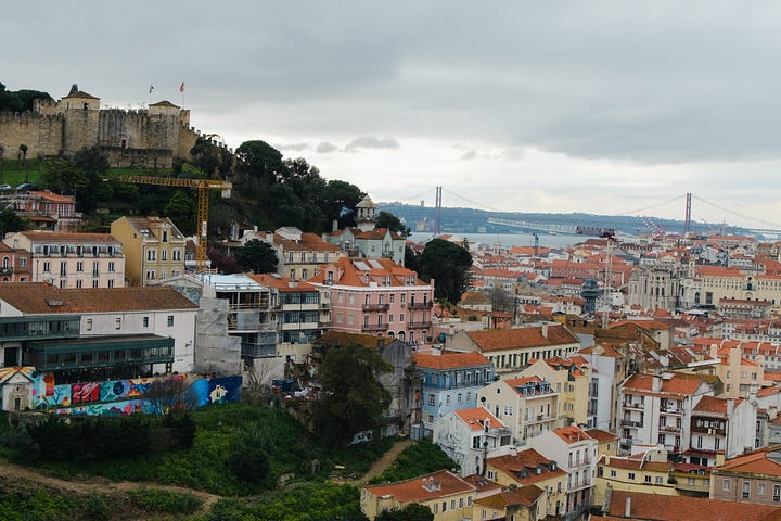 Views over Lisbon rooftops, 25 April bridge and castle do Sao Jorge.