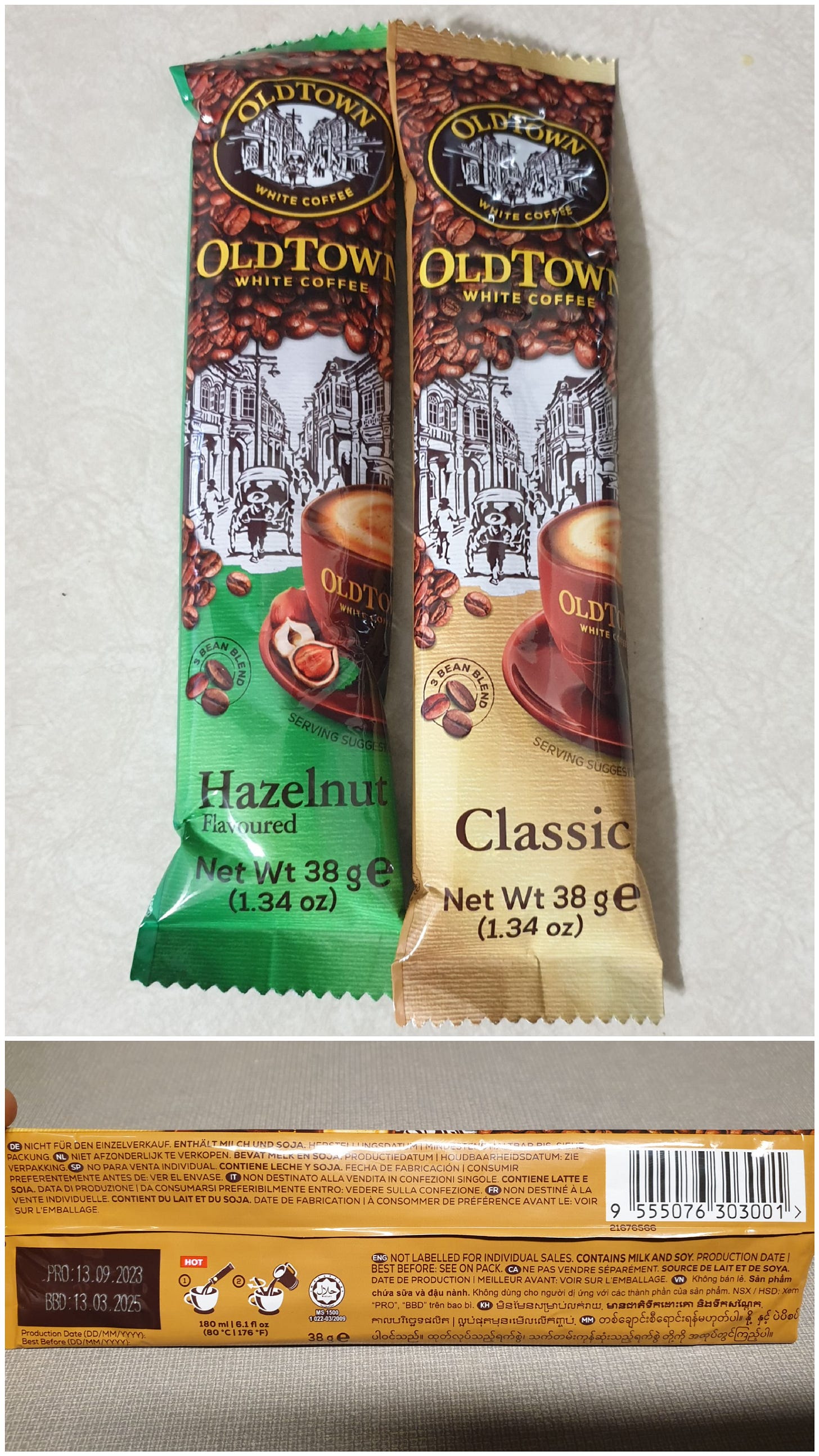 A collage of two photos. At the top is the front packagings of Old Town White Coffee Hazelnut Flavoured, and Classic. At the bottom is the back of the packaging. The French version of the back label is: "Non destiné à la vente individuelle. Contient du lait et du soja. Date de fabrication | À consommer de préférence avant le: Voir sur l'emballage." The Canadian French version is: "Ne pas vendre séparément. Source de lait et de soya. Date de production | Meilleur avant: Voir sur l'emballage." In English it means, "Not labelled for individual sales. Contains milk and soy. Production date | Best before: See on pack." A collage of two photos. At the top is the front packagings of Old Town White Coffee Hazelnut Flavoured, and Classic. At the bottom is the back of the packaging. The French version of the back label is: "Non destiné à la vente individuelle. Contient du lait et du soja. Date de fabrication | À consommer de préférence avant le: Voir sur l'emballage." The Canadian French version is: "Ne pas vendre séparément. Source de lait et de soya. Date de production | Meilleur avant: Voir sur l'emballage." In English it means, "Not labelled for individual sales. Contains milk and soy. Production date | Best before: See on pack."