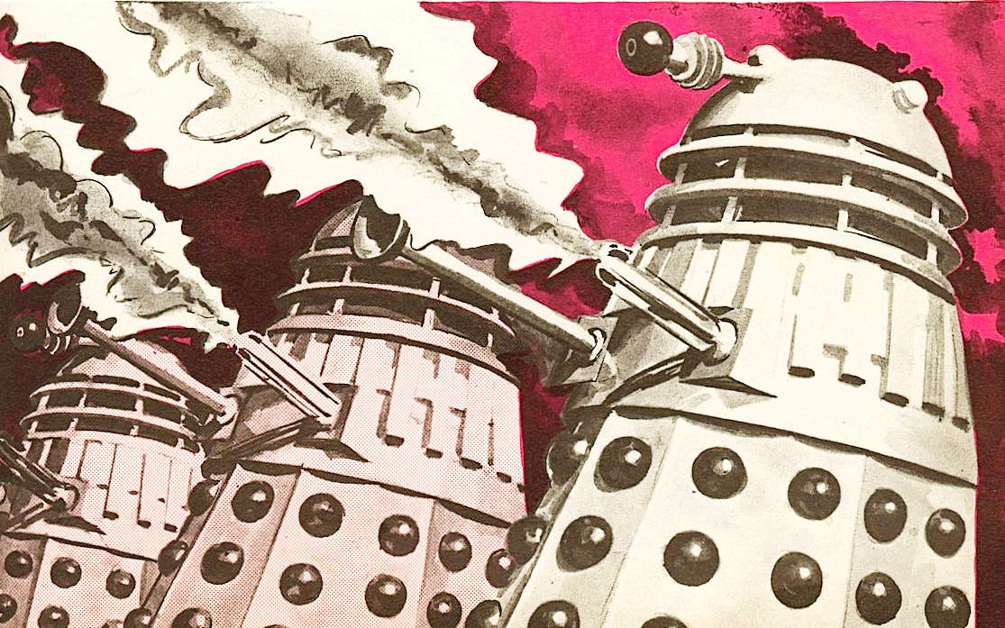 Artwork image depicting a line of three Daleks facing left and firing their exterminators out of frame, presumably at someone who really deserves it.