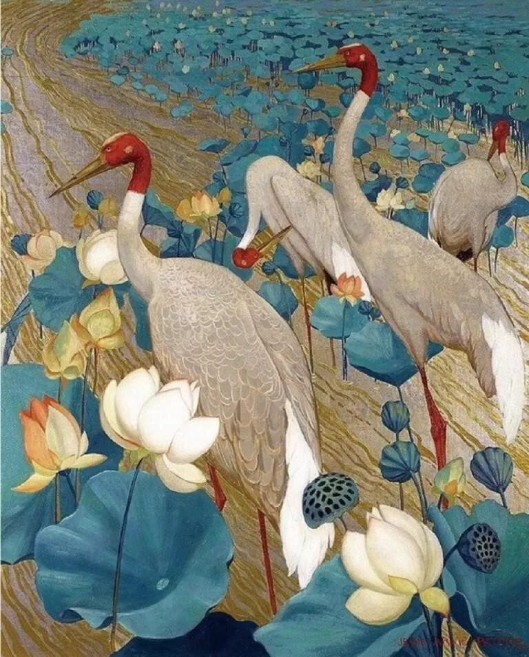 Demoiselles Cranes and Lotus : Jessie Arms Botke : Archival Quality Art Print - Picture 1 of 2 Demoiselles Cranes and Lotus : Jessie Arms Botke : Archival Quality Art Print - Picture 1 of 2