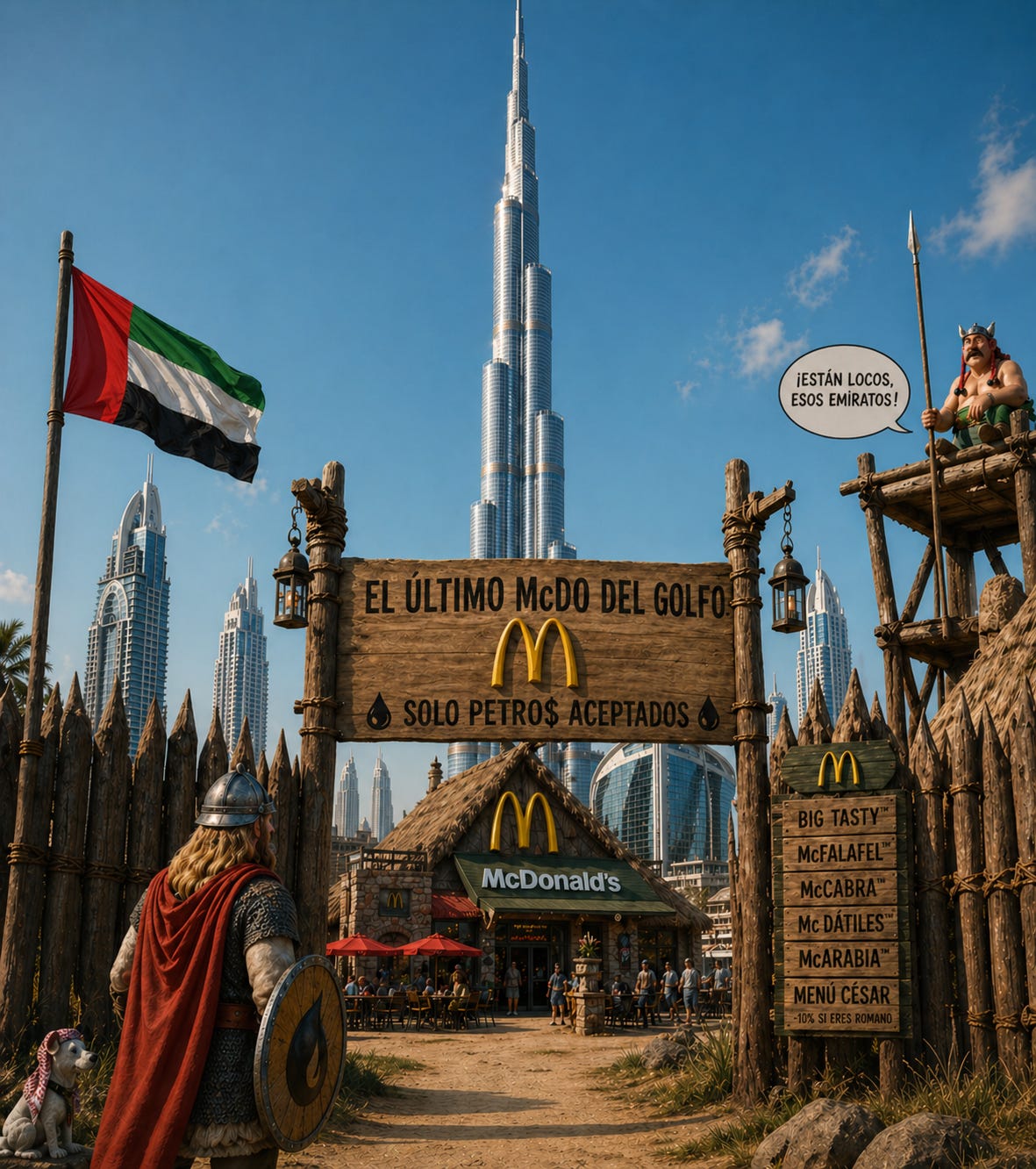 scena satírica en una ciudad del Golfo con rascacielos modernos dominados por una torre muy alta al fondo. En primer plano, un McDonald’s construido como una fortaleza medieval de madera, con un cartel que dice “El último McDonald’s del Golfo” y “Solo se aceptan petro$”. A la izquierda, un hombre vestido como un guerrero vikingo con escudo observa el lugar, mientras una bandera de Emiratos Árabes Unidos ondea. A la derecha, otro personaje estilo cómic comenta “¡Están locos estos Emiratos!”. Un panel muestra un menú con nombres humorísticos como “McFalafel” y “McDátiles”. La escena mezcla elementos históricos, cultura pop y arquitectura moderna de forma irónica.