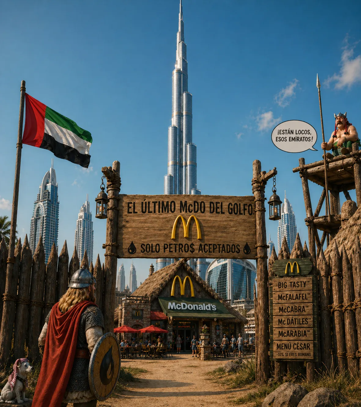 Escena satírica en una ciudad del Golfo con rascacielos modernos dominados por una torre muy alta al fondo. En primer plano, un McDonald’s construido como una fortaleza medieval de madera, con un cartel que dice “El último McDonald’s del Golfo” y “Solo se aceptan petro$”. A la izquierda, un hombre vestido como un guerrero vikingo con escudo observa el lugar, mientras una bandera de Emiratos Árabes Unidos ondea. A la derecha, otro personaje estilo cómic comenta “¡Están locos estos Emiratos!”. Un panel muestra un menú con nombres humorísticos como “McFalafel” y “McDátiles”. La escena mezcla elementos históricos, cultura pop y arquitectura moderna de forma irónica.
