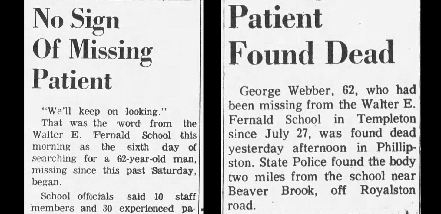 Two articles cropped for their headlines, both from the Athol Daily News. The one on the left is from August 1, 1963 and reads "No Sign of Missing Patient." The one on the right is from December 7, 1963 and reads "Patient Found Dead."