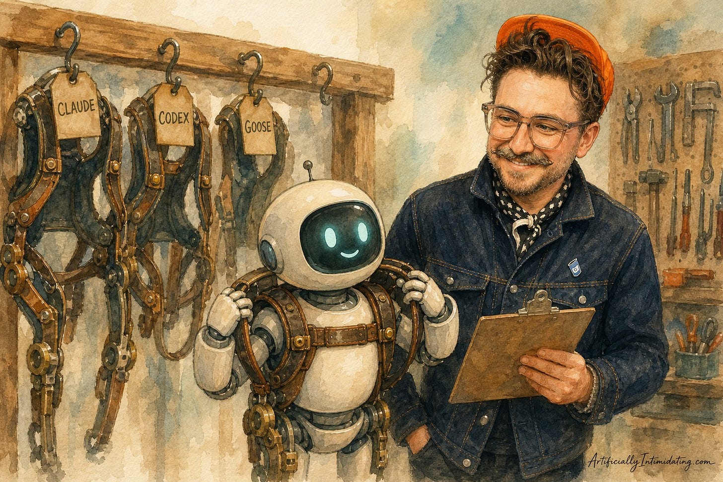 Watercolor illustration of a small robot trying on a leather-and-brass exoskeleton harness from a workshop rack, three hanging harnesses tagged Claude, Codex and Goose.