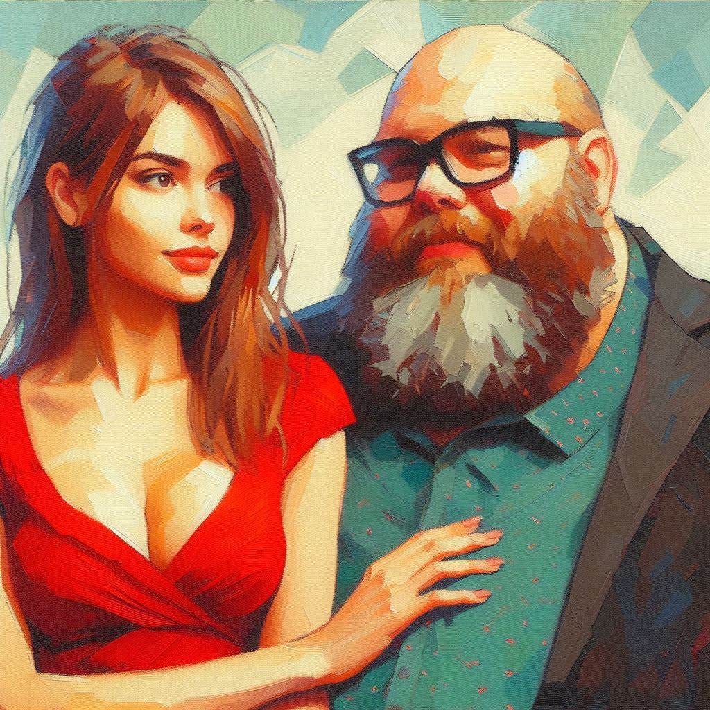 A pretty woman with long brown hair wearing a red dress is on the arm of an overweight, badly-dressed bald man wearing glasses. Impressionist-style.