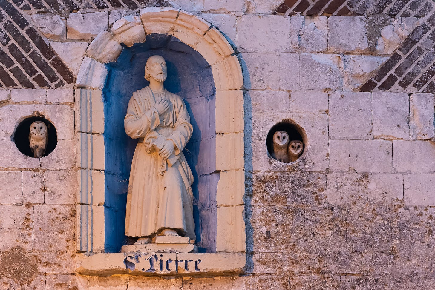 a chapel wall with a st. peter statue. next to the statue, two round windows with owls in them