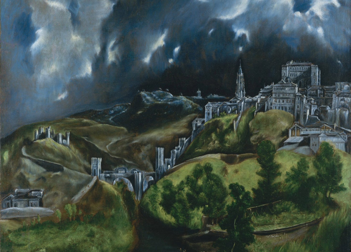 The city of Toledo rises on a green hillside beneath a dark, turbulent sky streaked with pale light.