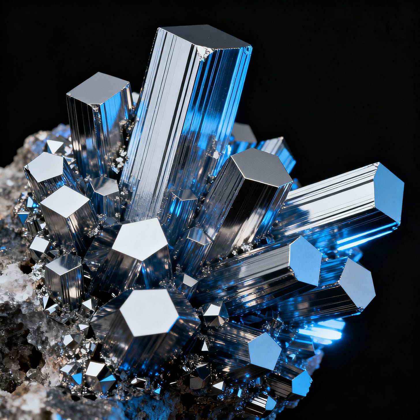 A striking magnesium metal crystal cluster lit with blue-tinged dramatic lighting on black.