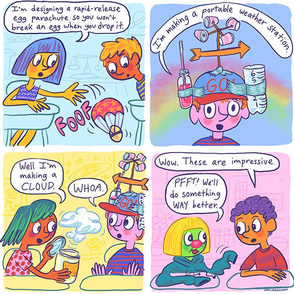 A kid says, “I’m designing a rapid-release egg parachute so you won’t break an egg when you drop it.” Foof! A kid wearing a hat with water bottles and weather vanes taped to it says, “I’m making a portable weather station.” A kid opens a bottle and a vapor floats out. “Well, I’m making a cloud.” Mark whispers to Zark, “Well, these are impressive.” Zark says, “Pfft, we’ll do something way better.”