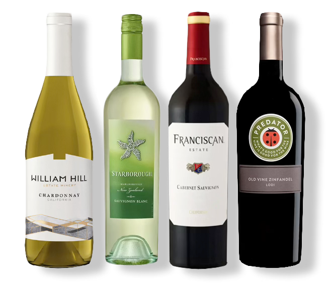 Bottle of William Hill California Chardonnay, Starborough Sauvignon Blanc, Franciscan Cabernet, Predator Zinfandel Old Vine Lodi