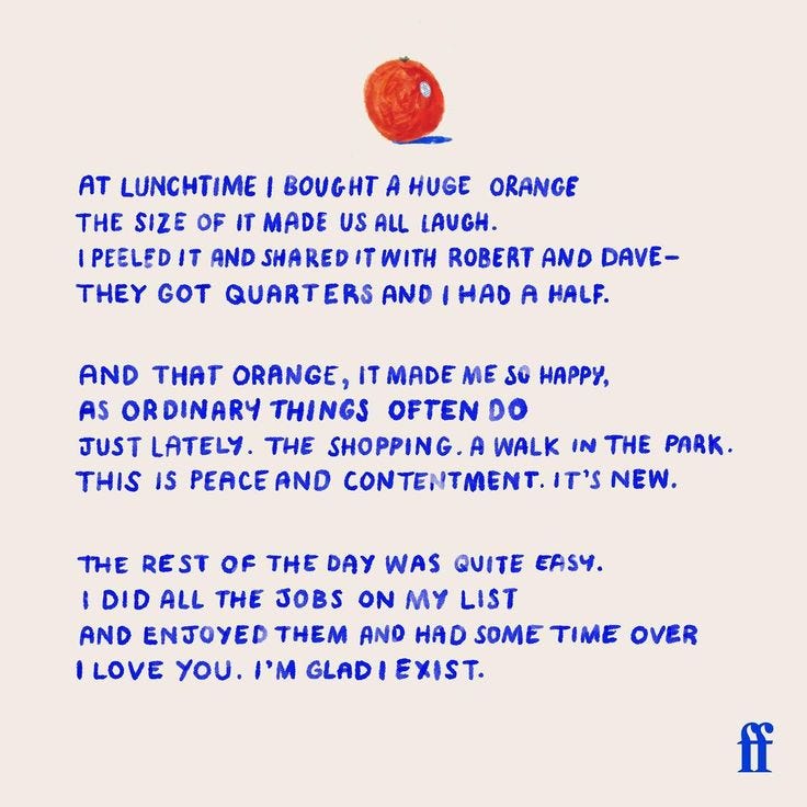 This may contain: a poem written in blue ink with an orange on the bottom and words below it that read, at lunchtime i bought a huge orange