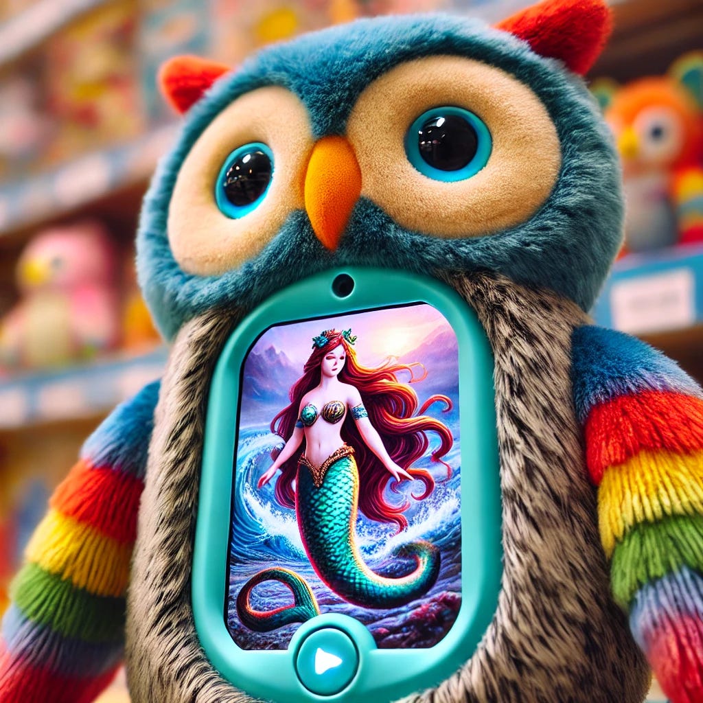 A photo-realistic depiction of a toy owl designed for primary school-aged children, with a close-up focus on the screen on its belly. The screen displays a colorful and artistic representation of an ancient mermaid, inspired by historical mythology, with flowing hair and a detailed tail. The mermaid image is vibrant and engaging, perfect for sparking curiosity in children. The owl itself has a plush, colorful body and a soft, inviting expression, set in a warm, child-friendly environment.