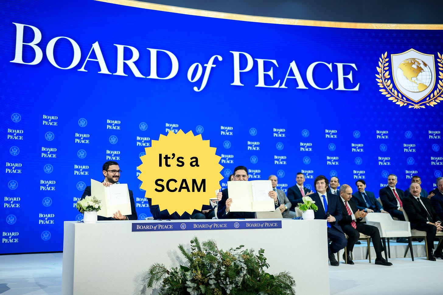 Block Trump’s $10 Billion Board of Peace Scam. image of board of peace with text that reads it's a scam.