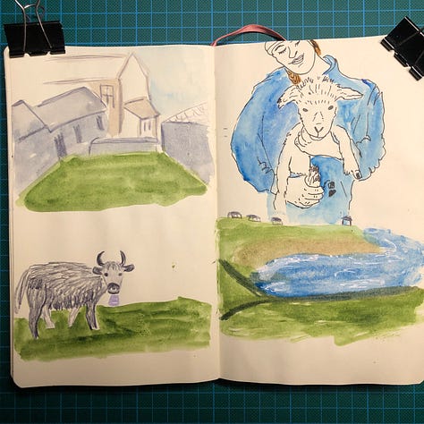 Photos des 5 pages de mon sketchbook que j’ai remplies pendant la session.