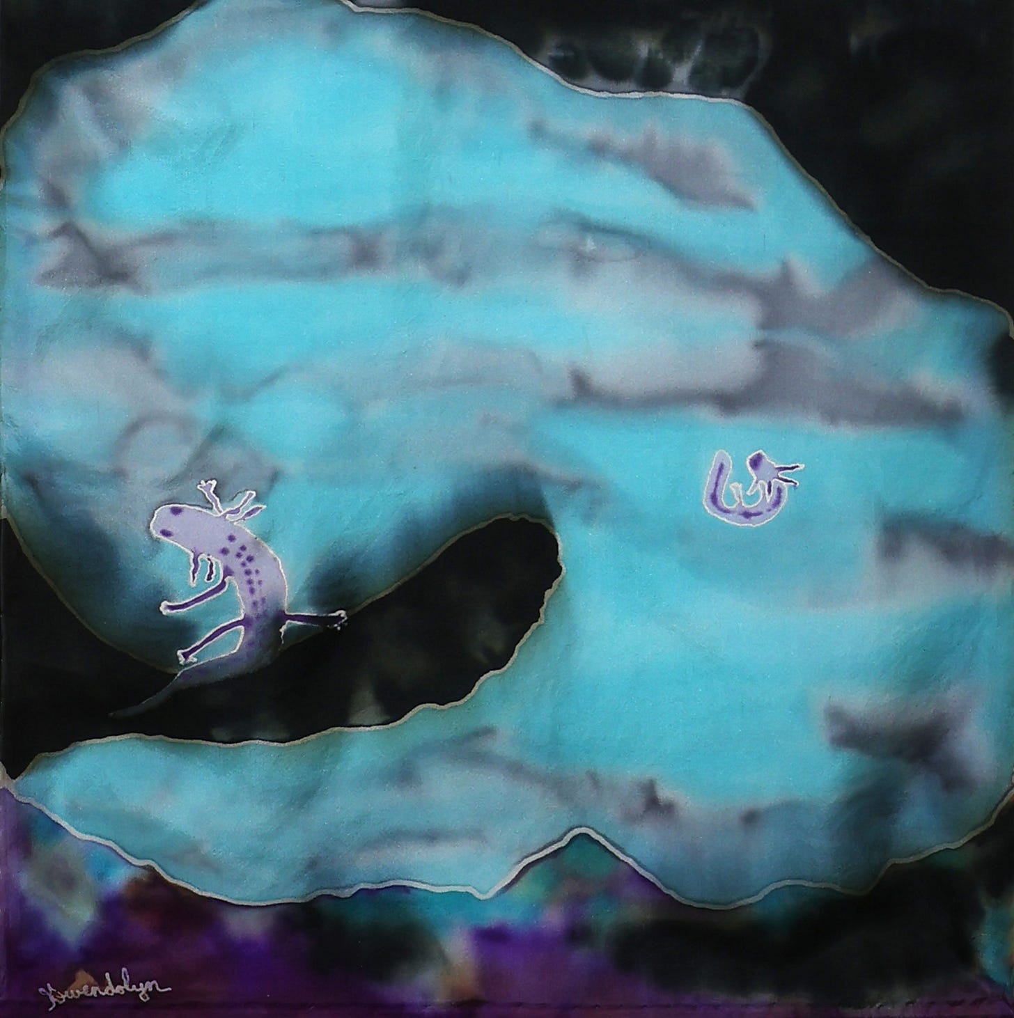 White blind salamander with baby salamander in dark cavern with glowing blue water painted on silk White blind salamander with baby salamander in dark cavern with glowing blue water painted on silk