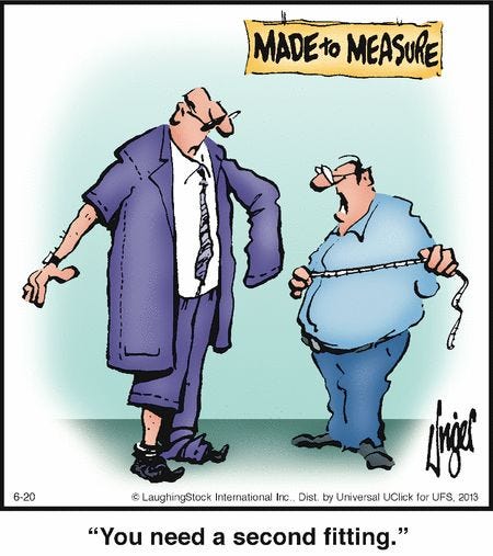 This may contain: a cartoon depicting two men in business attire, one is measuring the other's waist