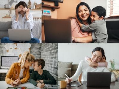 collage of moms working from home with their children off from school