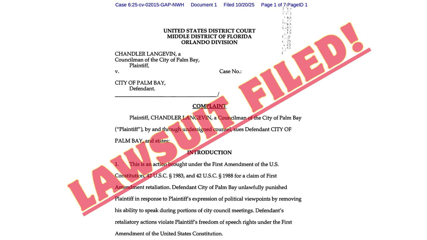 First page of the federal lawsuit filed by Palm Bay Councilmember Chandler Langevin against the City of Palm Bay, with a bold red “LAWSUIT FILED!” stamp diagonally across the document.
