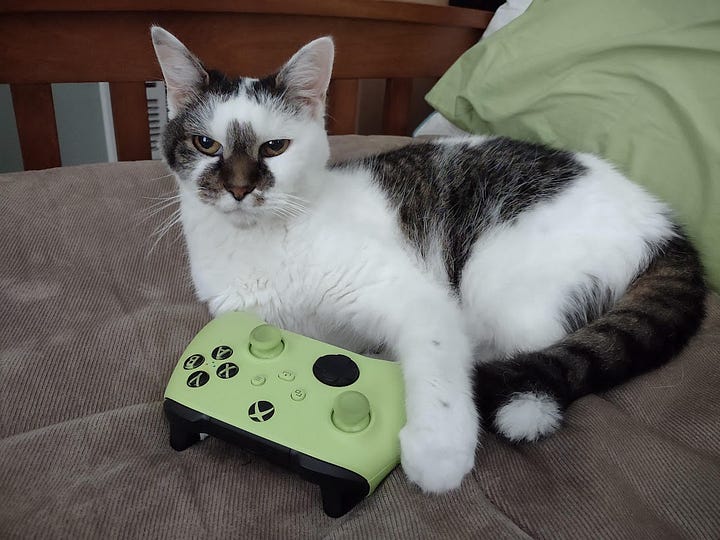 a gif of a character in No Man's Sky doing the celebration dance, paired with a photo of Teeter with a bright green XBox controller