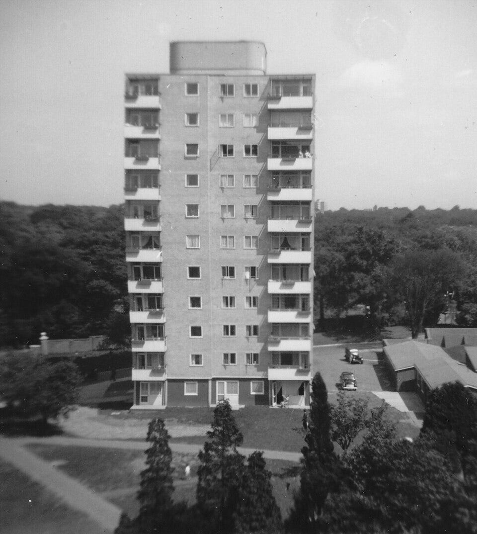 A 1957 photograph of a residential tower and surrounding council housing on the Alton East Estate in Roehampton, London. A 1957 photograph of a residential tower and surrounding council housing on the Alton East Estate in Roehampton, London.