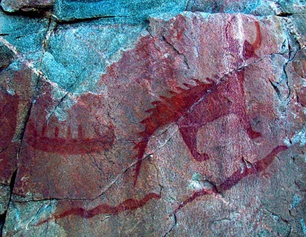 Canoe (top left), Michipeshu (top right), and two giant serpents (chignebikoogs), panel VIII, Agawa Rock, Lake Superior Provincial Park, Ontario, Canada. (D. Gordon E. Robertson/CC BY SA 3.0) Canoe (top left), Michipeshu (top right), and two giant serpents (chignebikoogs), panel VIII, Agawa Rock, Lake Superior Provincial Park, Ontario, Canada. (D. Gordon E. Robertson/CC BY SA 3.0)