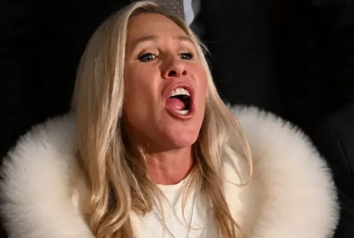 from: https://www.salon.com/2023/02/08/heckler-marjorie-taylor-greenes-complaint-about-yelling-during-state-of-the-union-badly-backfires/ from: https://www.salon.com/2023/02/08/heckler-marjorie-taylor-greenes-complaint-about-yelling-during-state-of-the-union-badly-backfires/