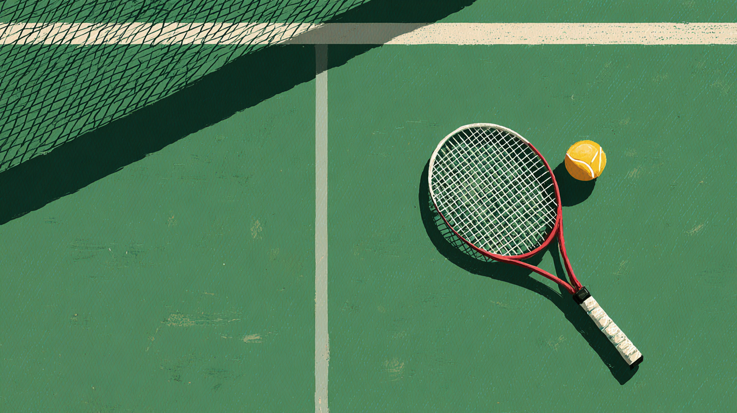 A tennis racket and ball lying on a tennis court.