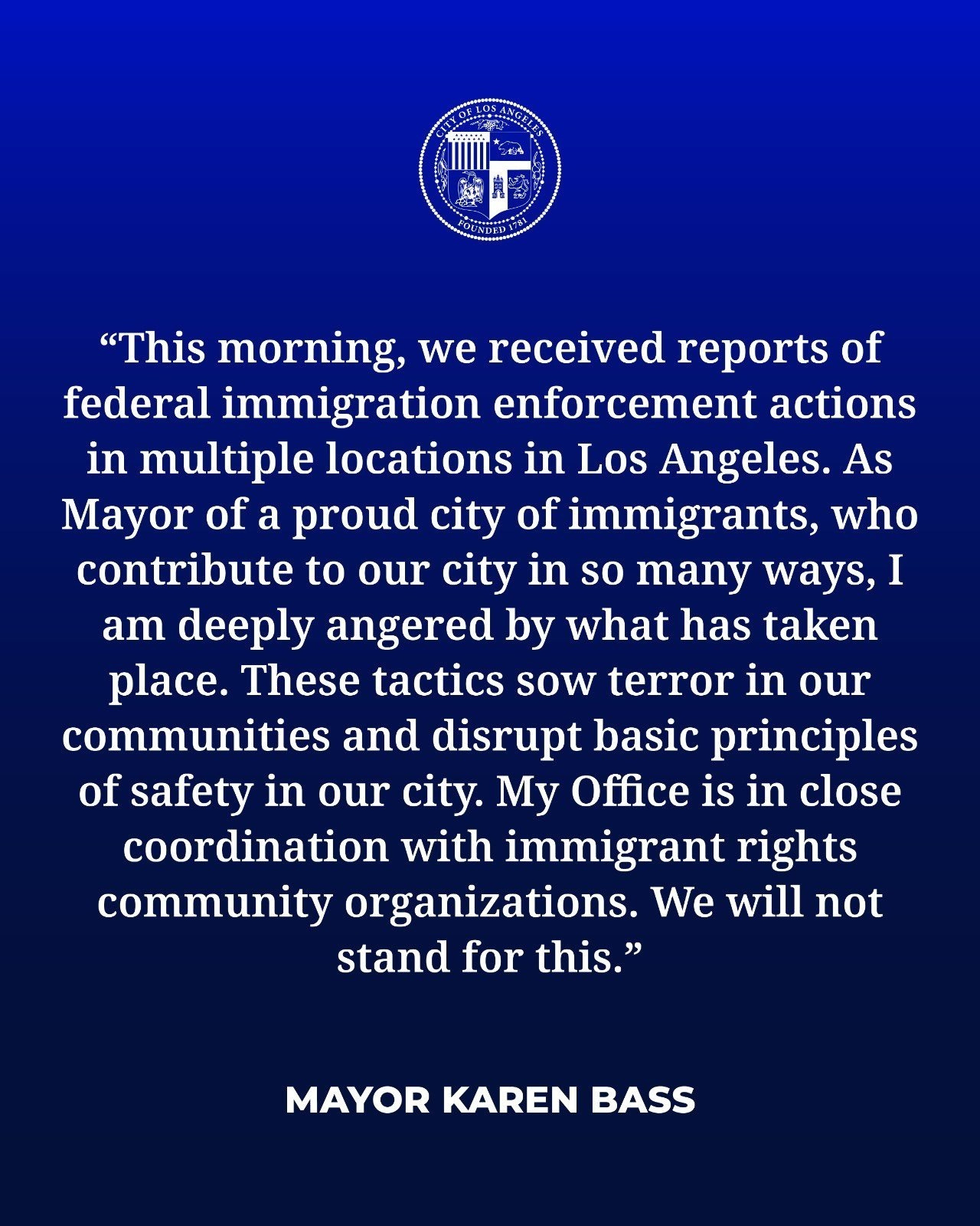 Statement by Los Angeles Mayor Karen Bass (via x.com)