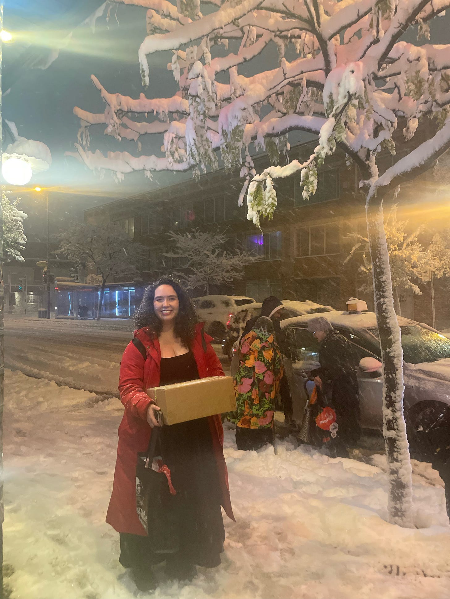 shira in a long red coat and black dress holds a big box with her trophy, amid a very snowy street. shira in a long red coat and black dress holds a big box with her trophy, amid a very snowy street.