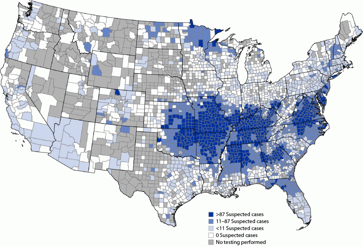 The figure is a map illustrating the geographic distribution of suspected alpha-gal syndrome cases per 1 million population per year in the United States during 2017–2022. The figure is a map illustrating the geographic distribution of suspected alpha-gal syndrome cases per 1 million population per year in the United States during 2017–2022.