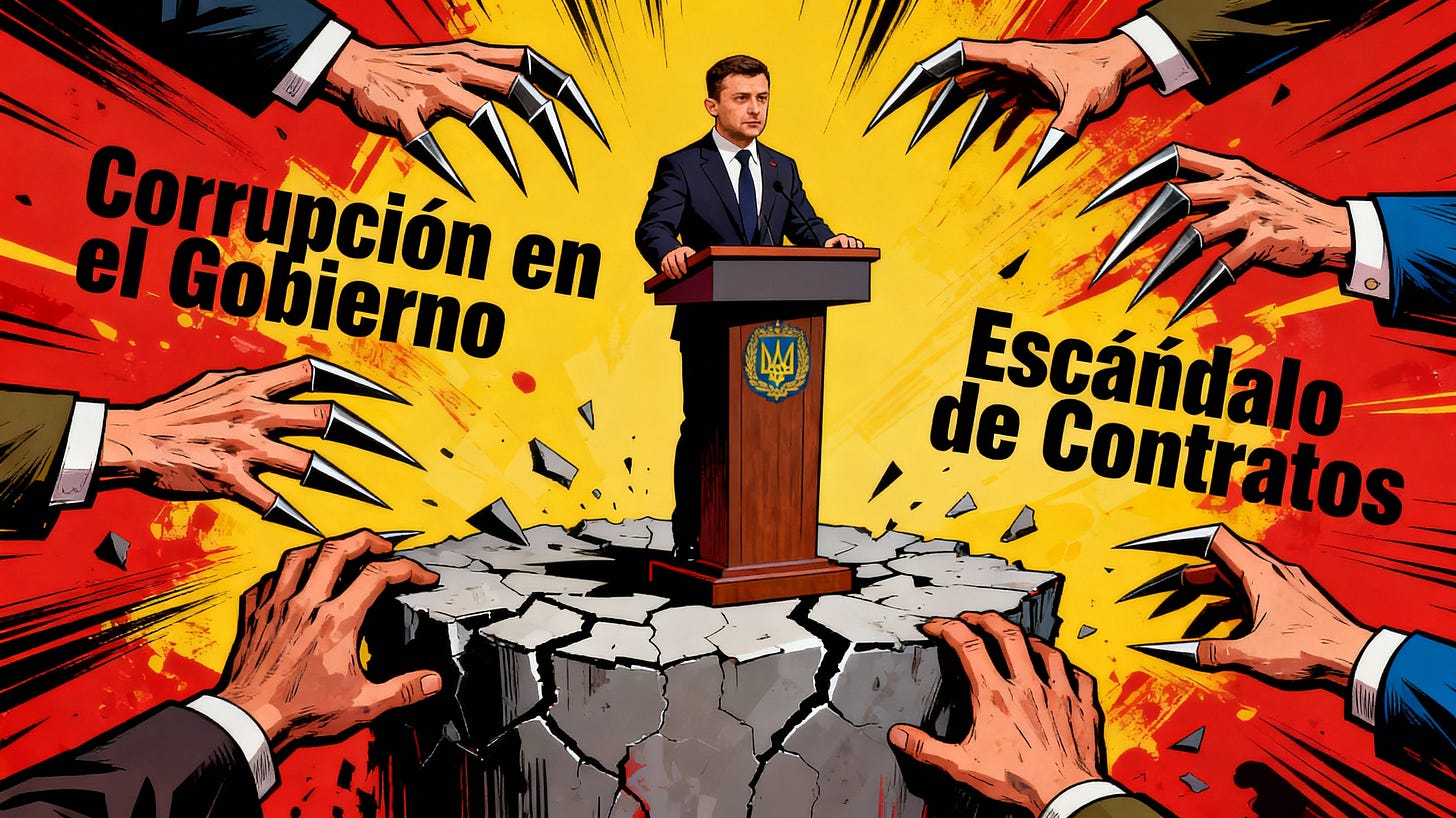 Caricatura de Zelenski rodeado por titulares de corrupción y manos que buscan hacerlo caer.