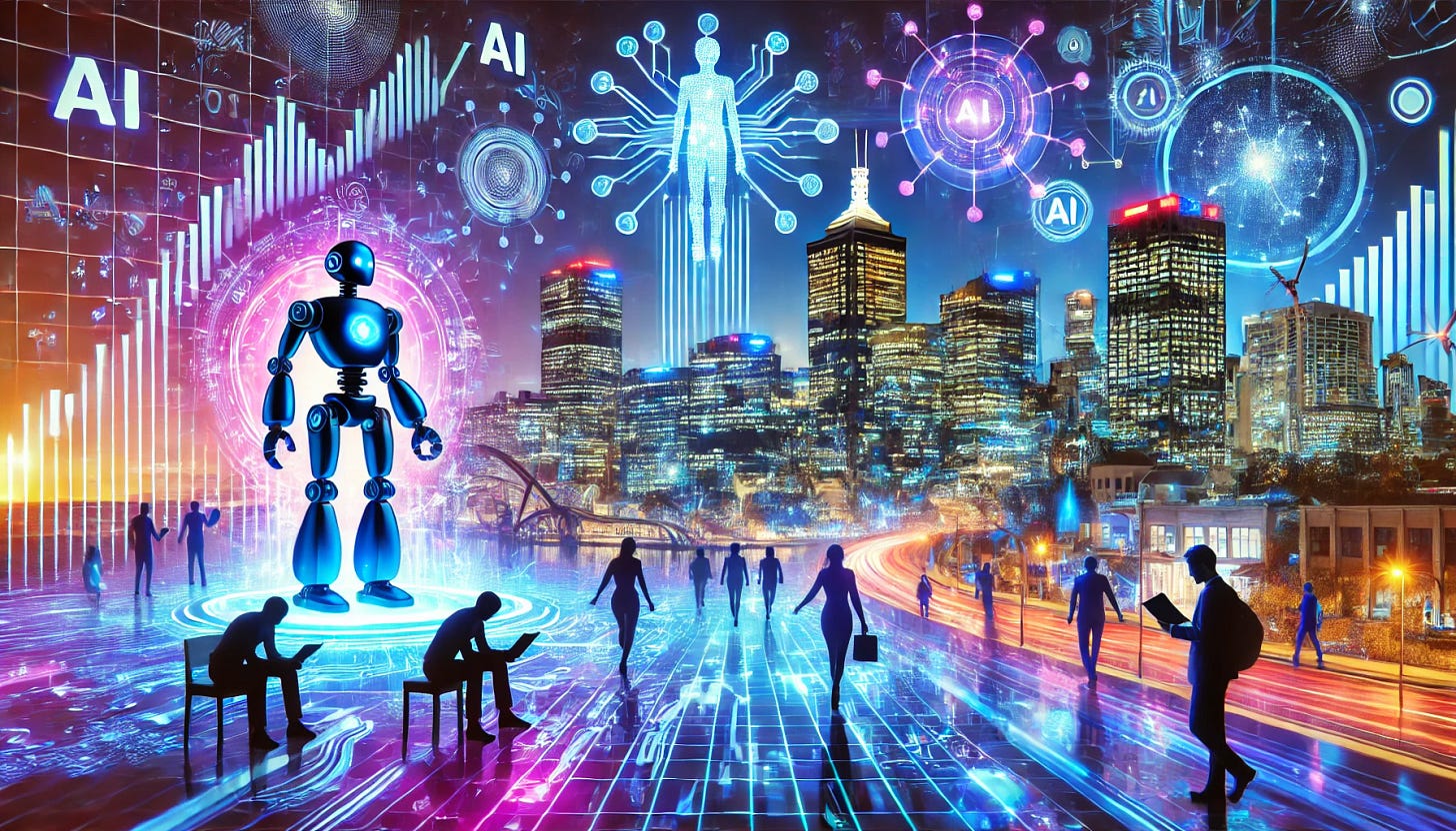A futuristic digital landscape with AI-powered robots and glowing data streams rapidly expanding, while human workers struggle to keep up. The scene features a high-tech Australian city skyline with holographic graphs and AI-driven automation taking over industries. The atmosphere is vibrant, with neon blue and purple lighting symbolizing rapid technological advancement. A contrast is shown between advanced AI systems and people appearing overwhelmed, symbolizing the gap between AI growth and skills acquisition. A futuristic digital landscape with AI-powered robots and glowing data streams rapidly expanding, while human workers struggle to keep up. The scene features a high-tech Australian city skyline with holographic graphs and AI-driven automation taking over industries. The atmosphere is vibrant, with neon blue and purple lighting symbolizing rapid technological advancement. A contrast is shown between advanced AI systems and people appearing overwhelmed, symbolizing the gap between AI growth and skills acquisition.