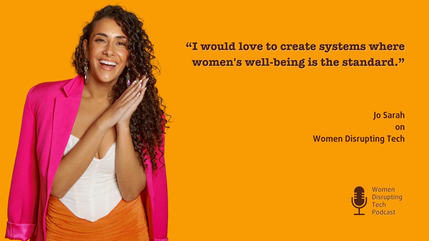 Picture of Umaversity founder and CEO Jo Sarah and a quote from episode 108 of the podcast Women Disrupting Tech. The episode is titled 'How Umaversity Helps Women Reclaim Power, Pleasure and Health.' Picture credit: Daria Nelina