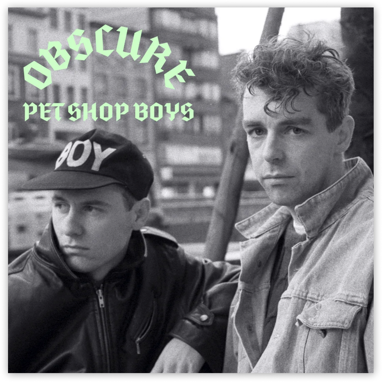 Spotify playlist cover art featuring the words "Obscure Pet Shop Boys" over a black and white photo of Neil Tennant and Chris Lowe. Spotify playlist cover art featuring the words "Obscure Pet Shop Boys" over a black and white photo of Neil Tennant and Chris Lowe.