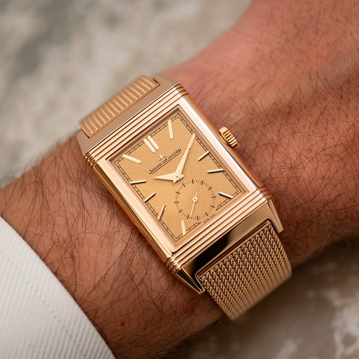 Cartier Tank Louis, pink Reverso Monoface, Tank Guichet, and the Lange 1815 in 34mm.